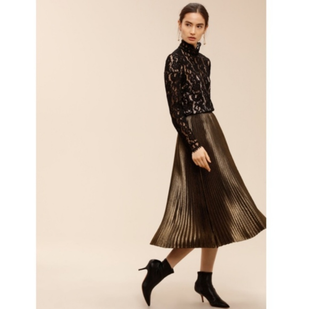 Aritzia Babaton Pleated Gold Jude Midi Skirt Sz L